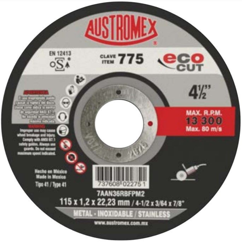 Disco Abrasivo para Corte de Acero al Carbón, Inoxidable y Metales 775 4 1/2" Austromex-681-1