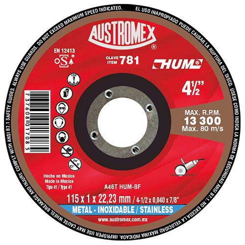 Disco para corte de acero inoxidable 4-1/2 Pulg 781 Austromex
